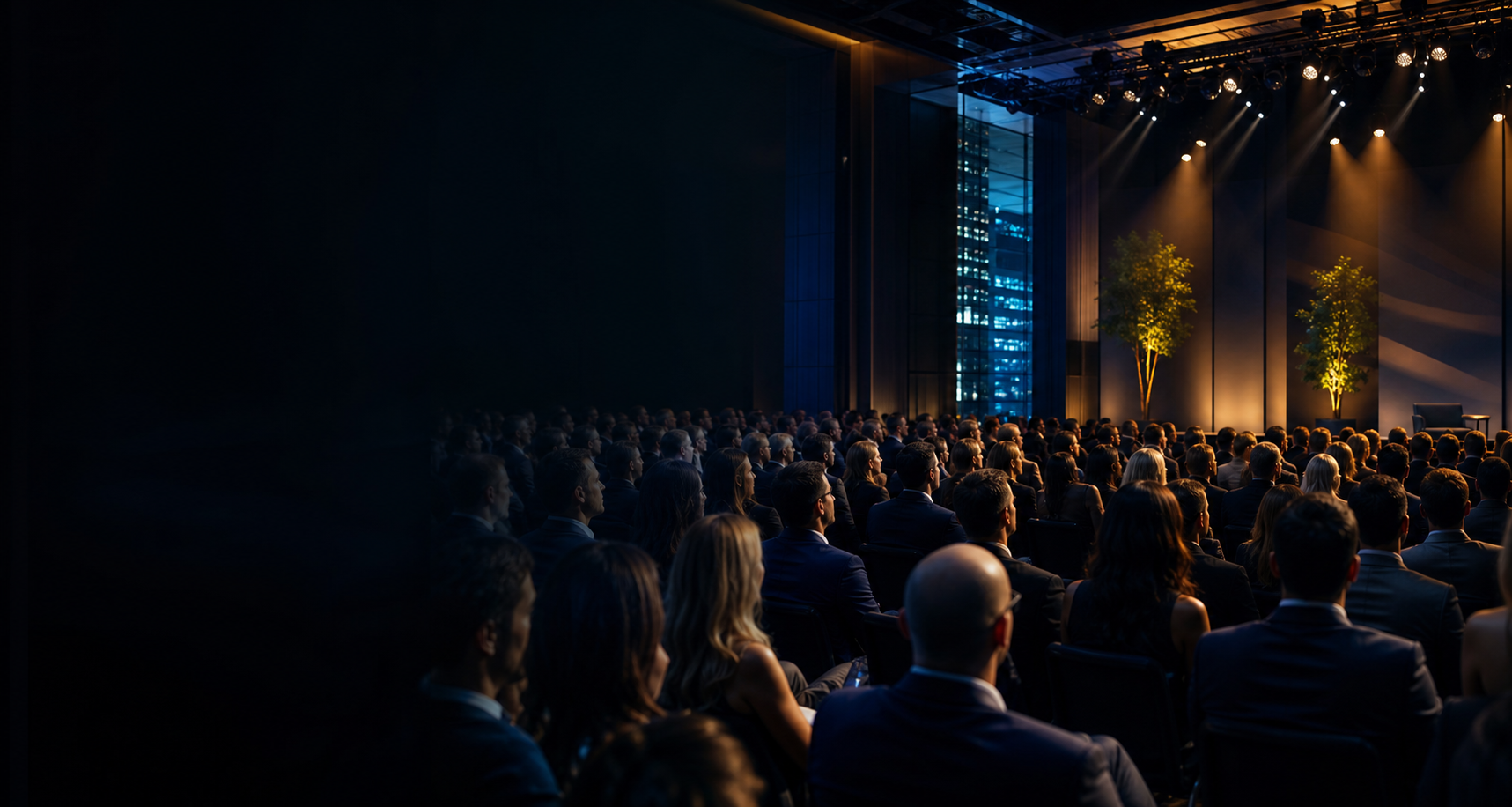 Público em um evento empresarial sob iluminação de palco